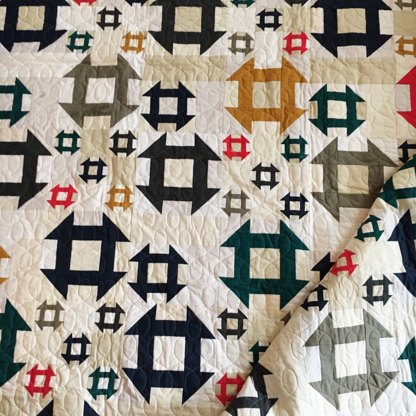 Handmade Churn Dash quilt in modern solids – 79x97 inches